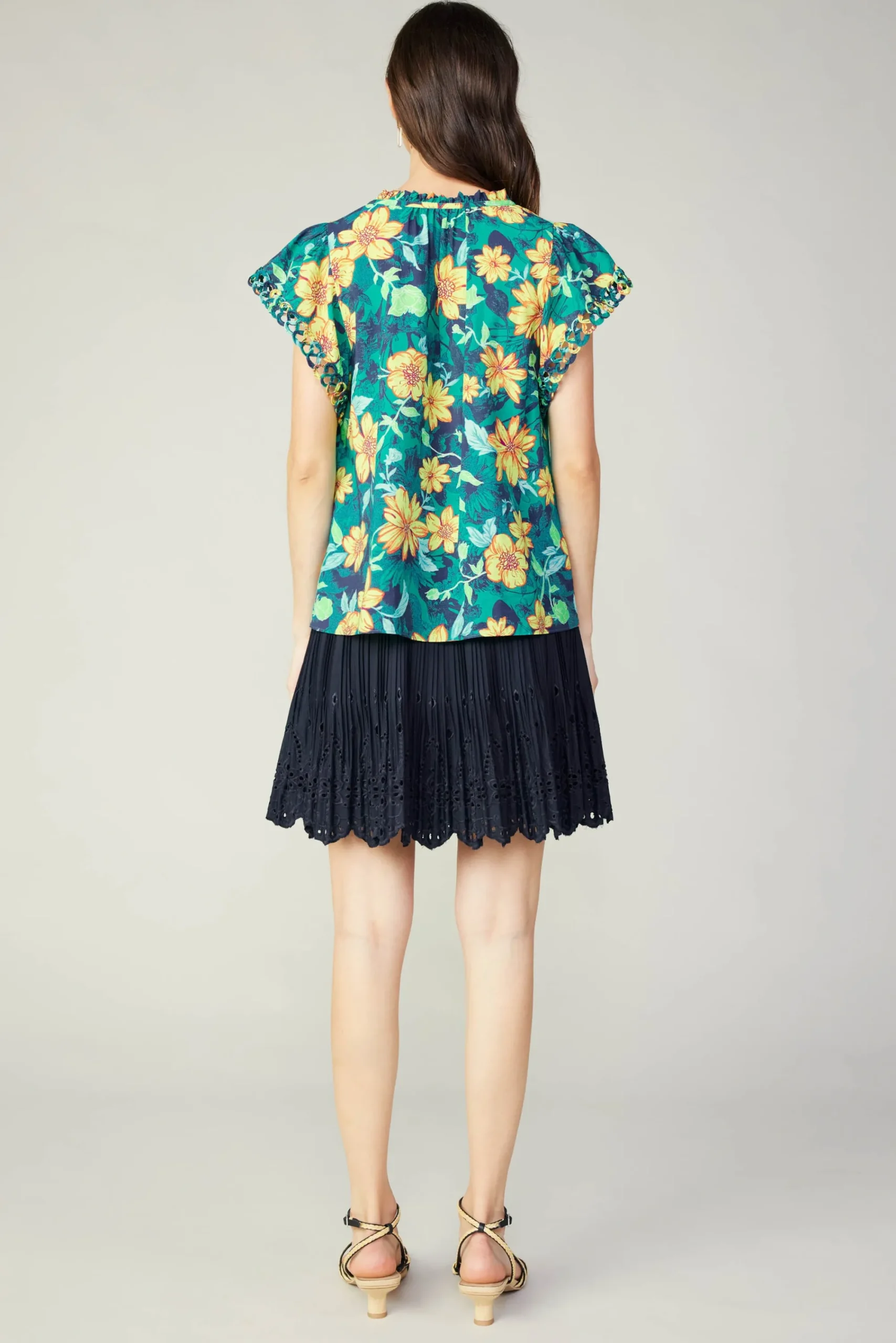 Current Air Sleeveless Tops-Botanical Print Eyelet Blouse YELLOWFLORALMLT