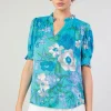 Current Air Short Sleeve Tops-Botanical Smocked Shoulder Blouse BLUE