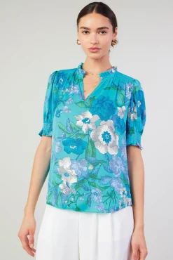 Current Air Short Sleeve Tops-Botanical Smocked Shoulder Blouse BLUE