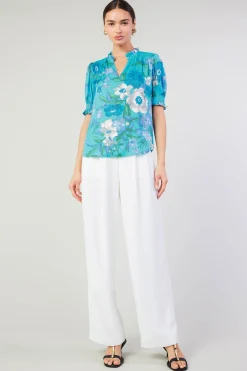 Current Air Short Sleeve Tops-Botanical Smocked Shoulder Blouse BLUE