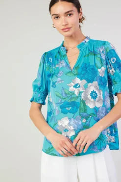 Current Air Short Sleeve Tops-Botanical Smocked Shoulder Blouse BLUE