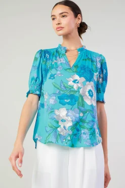 Current Air Short Sleeve Tops-Botanical Smocked Shoulder Blouse BLUE