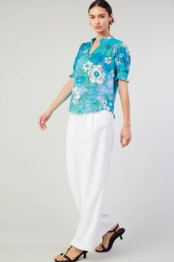 Current Air Short Sleeve Tops-Botanical Smocked Shoulder Blouse BLUE
