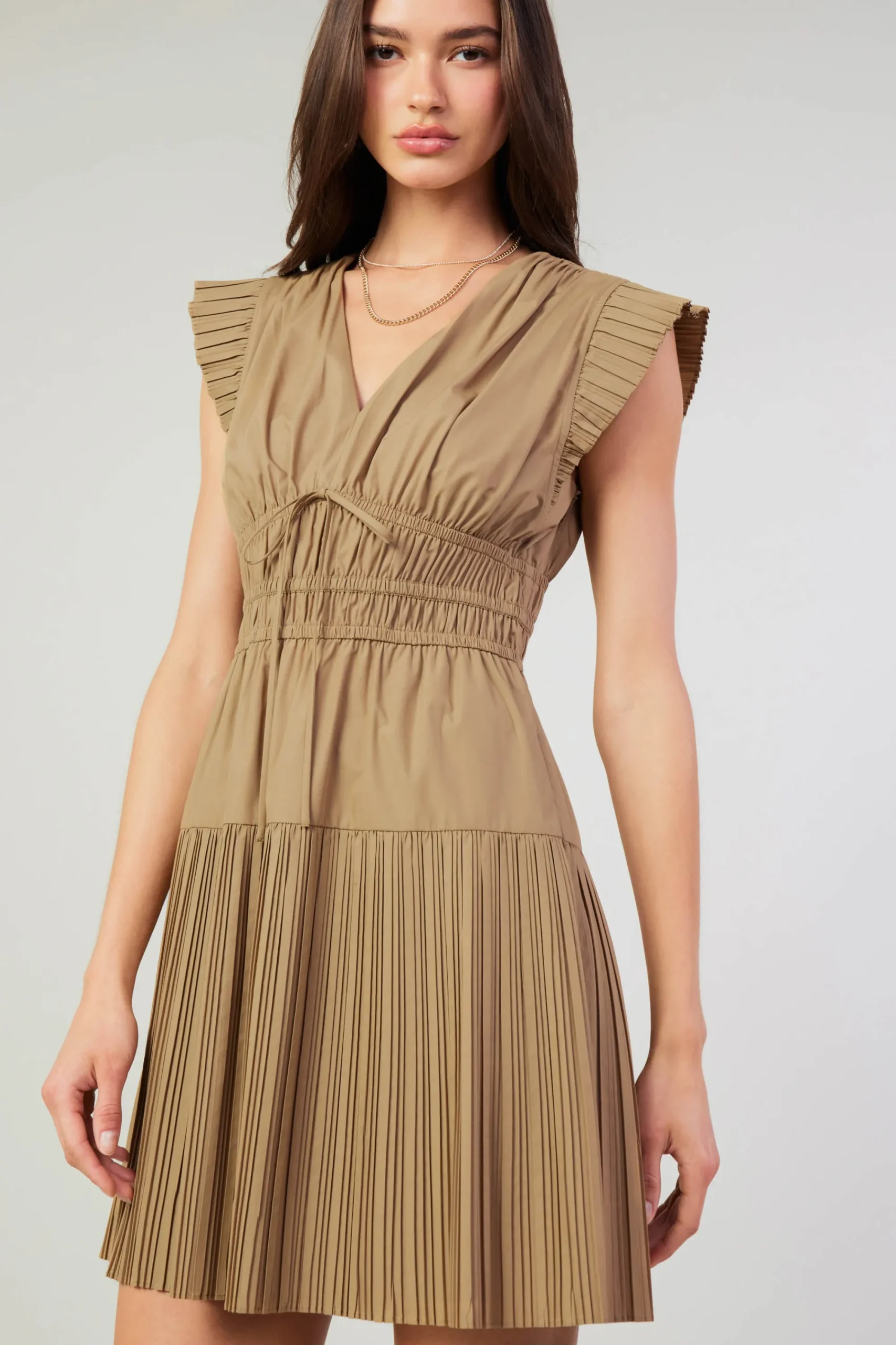 Current Air Mini Dresses-Briene Pleated Mini Dress LATTE