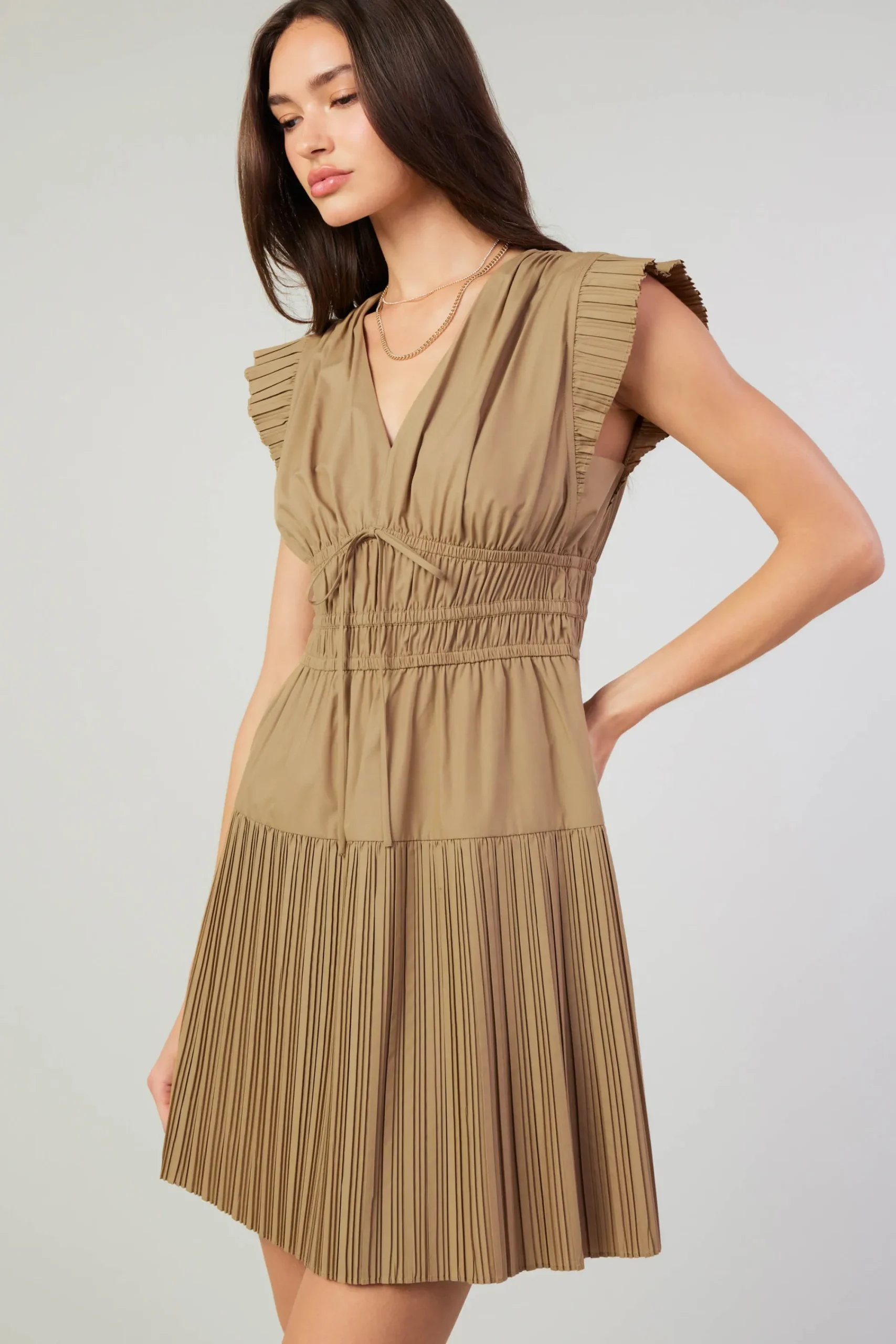 Current Air Mini Dresses-Briene Pleated Mini Dress LATTE