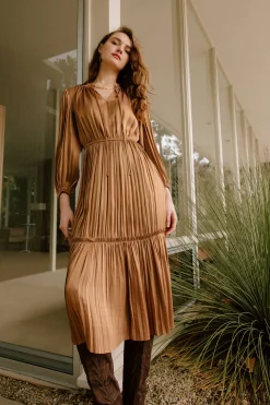Current Air Midi Dresses-Bristol Pleated Midi Dress BRONZE