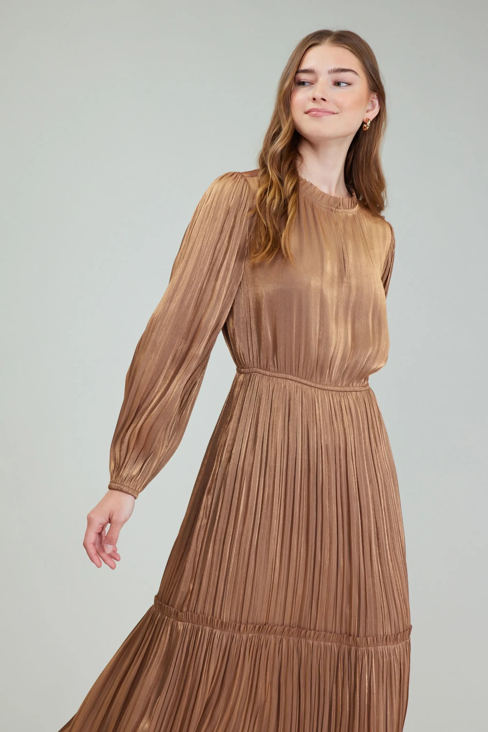 Current Air Midi Dresses-Bristol Pleated Midi Dress BRONZE
