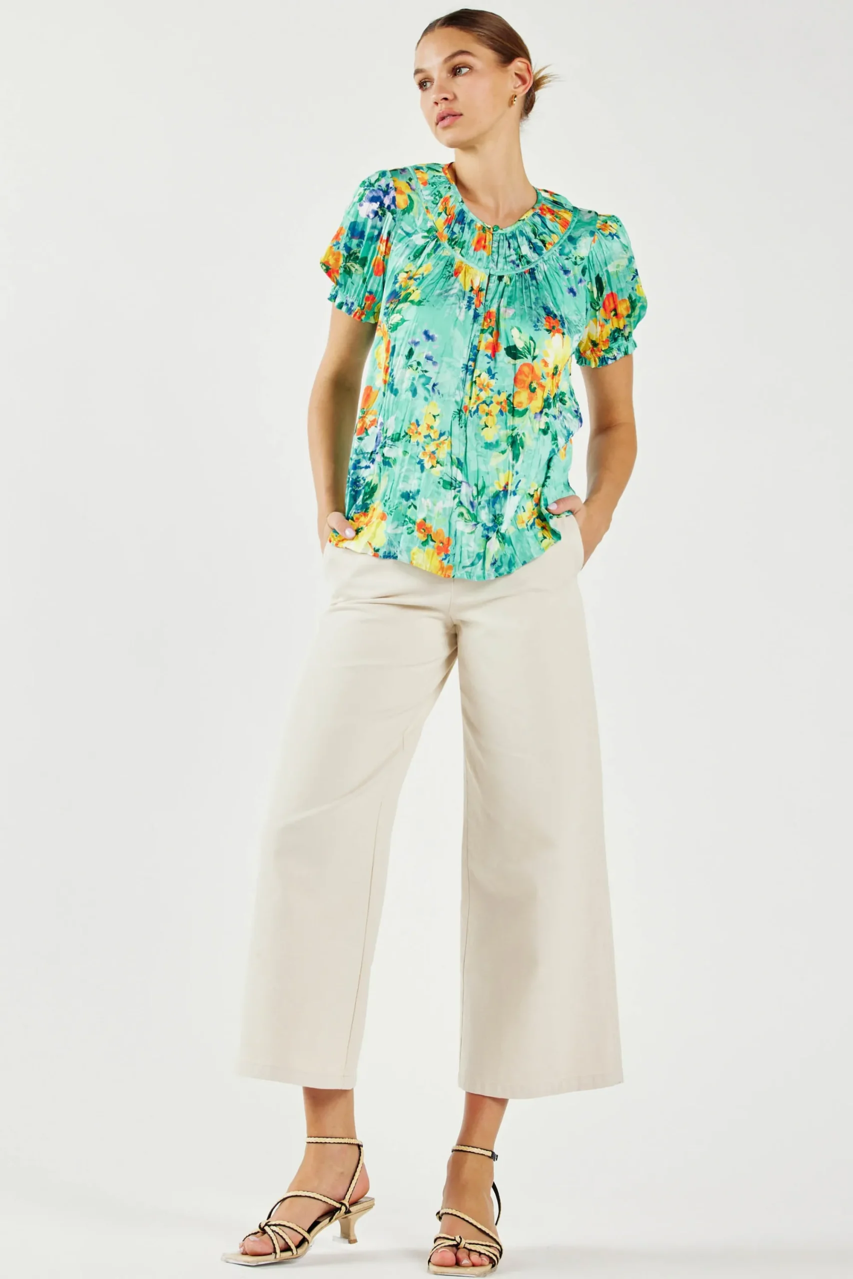 Current Air Short Sleeve Tops-Brooklyn Crinkle Top AQUA
