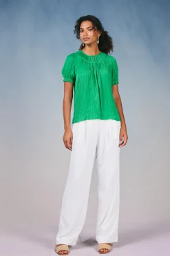 Current Air Short Sleeve Tops-Brooklyn Crinkle Top DEEPSPRINGGREEN