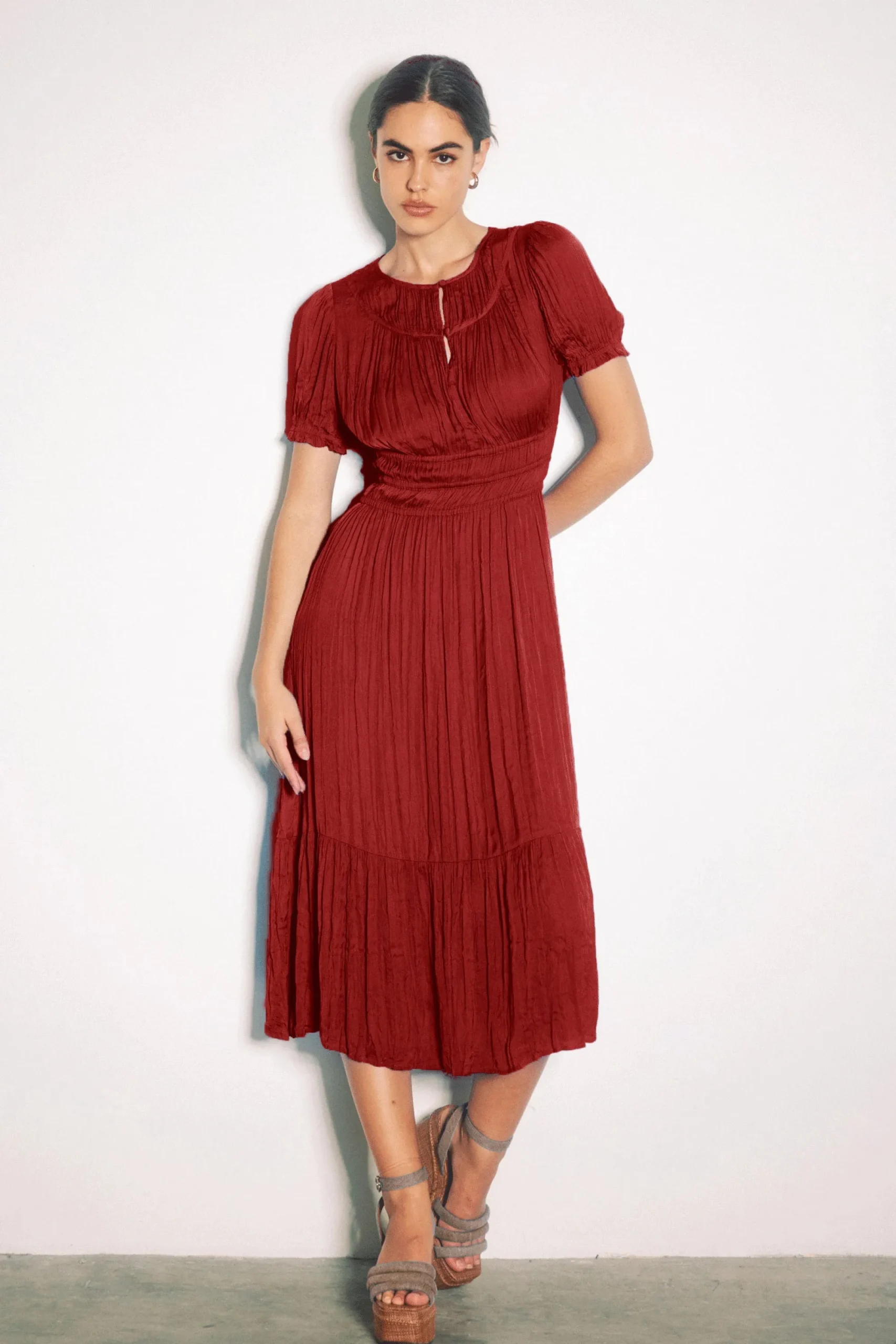 Current Air Midi Dresses-Brooklyn Pleated Midi Dress RED