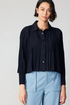 Current Air Long Sleeve Tops-Button Down Pleated Top BLACK