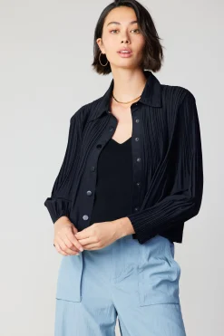 Current Air Long Sleeve Tops-Button Down Pleated Top BLACK