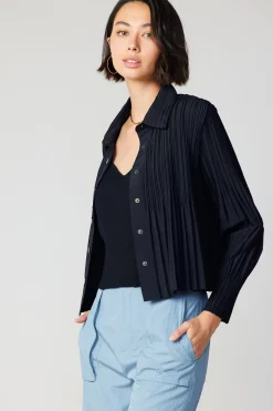Current Air Long Sleeve Tops-Button Down Pleated Top BLACK
