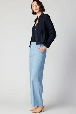 Current Air Long Sleeve Tops-Button Down Pleated Top BLACK