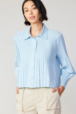 Current Air Long Sleeve Tops-Button Down Pleated Top PASTELBLUE