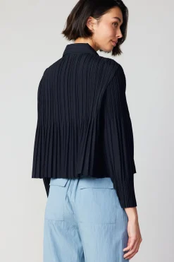 Current Air Long Sleeve Tops-Button Down Pleated Top BLACK
