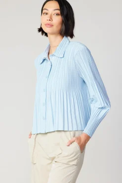 Current Air Long Sleeve Tops-Button Down Pleated Top PASTELBLUE