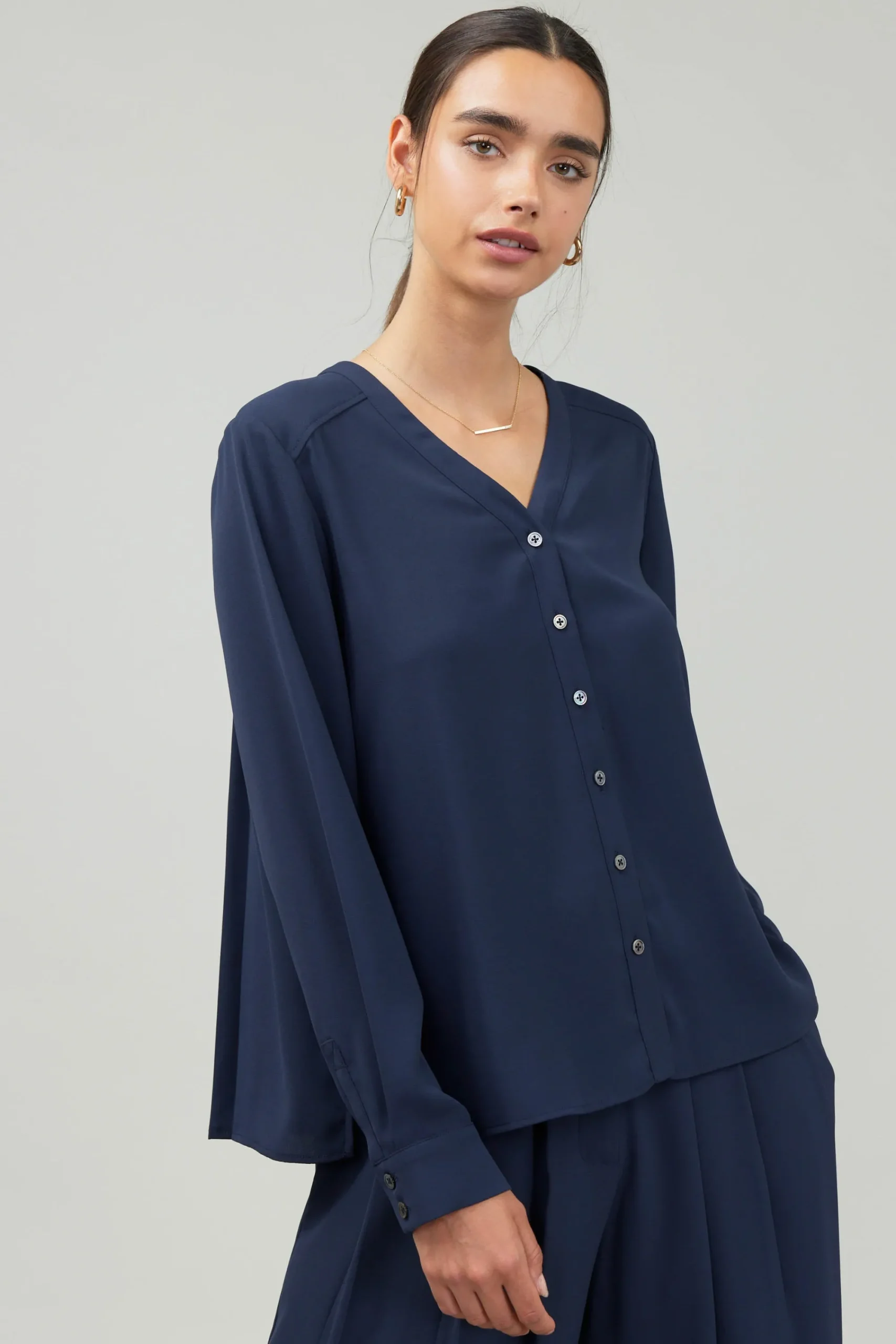 Current Air Long Sleeve Tops-Buttondown Blouse SLATENAVY
