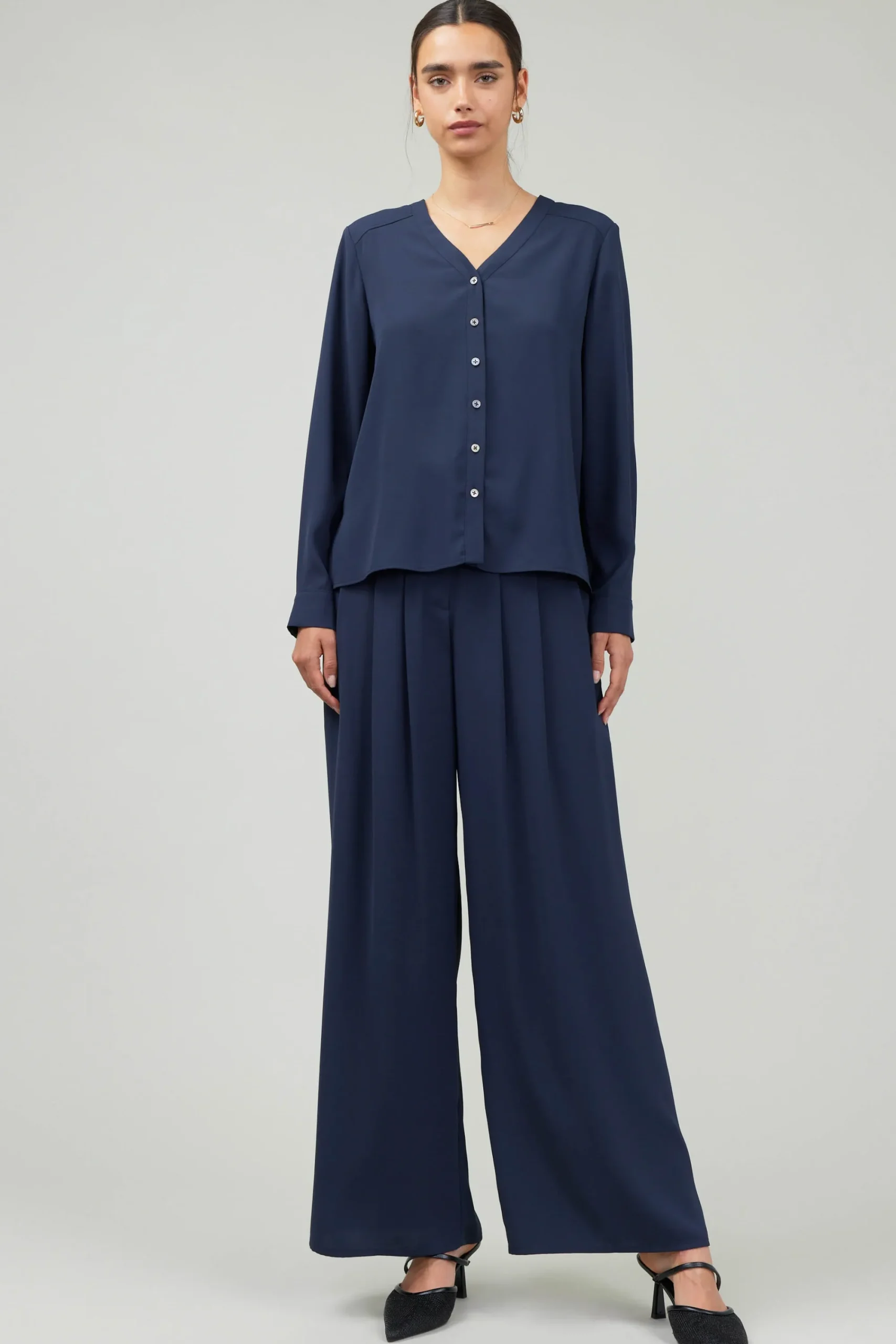 Current Air Long Sleeve Tops-Buttondown Blouse SLATENAVY