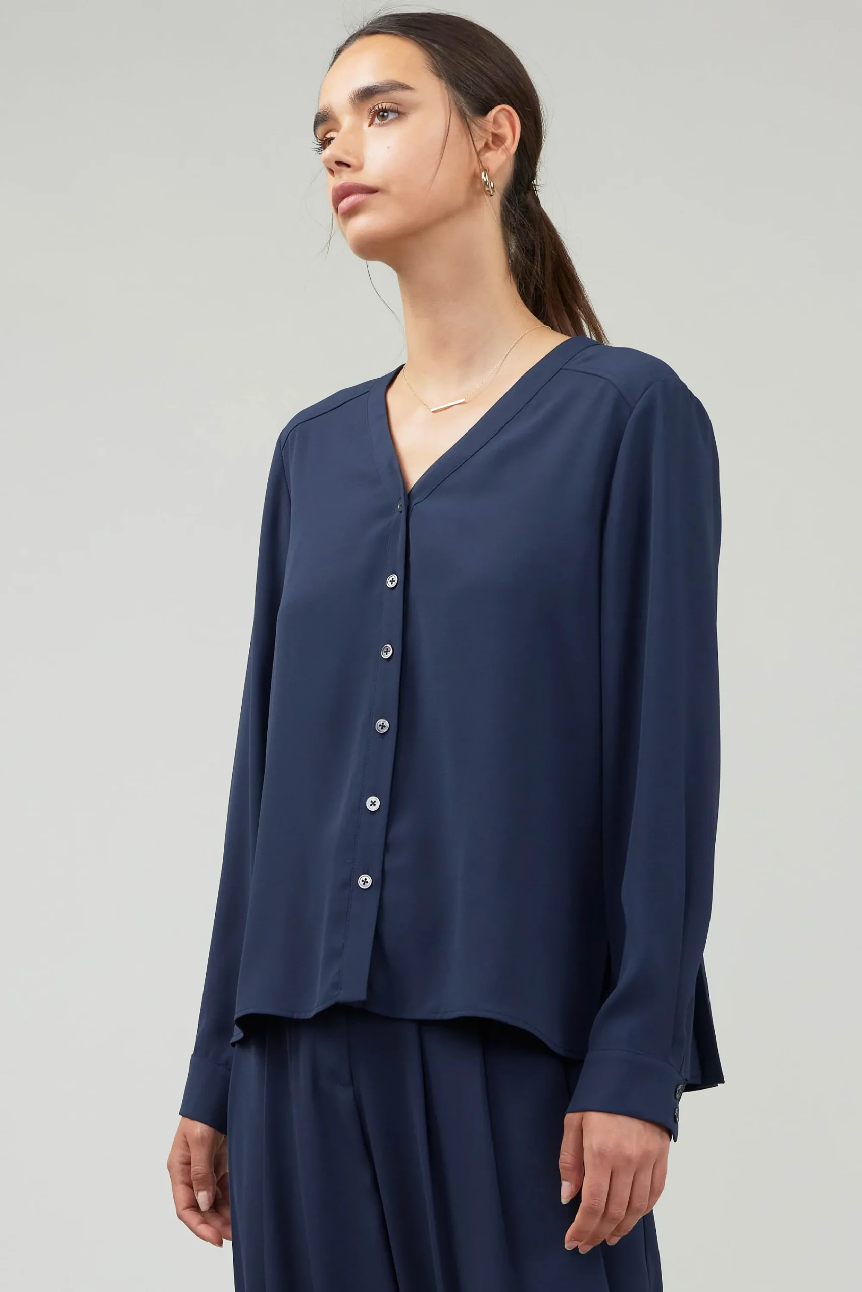 Current Air Long Sleeve Tops-Buttondown Blouse SLATENAVY