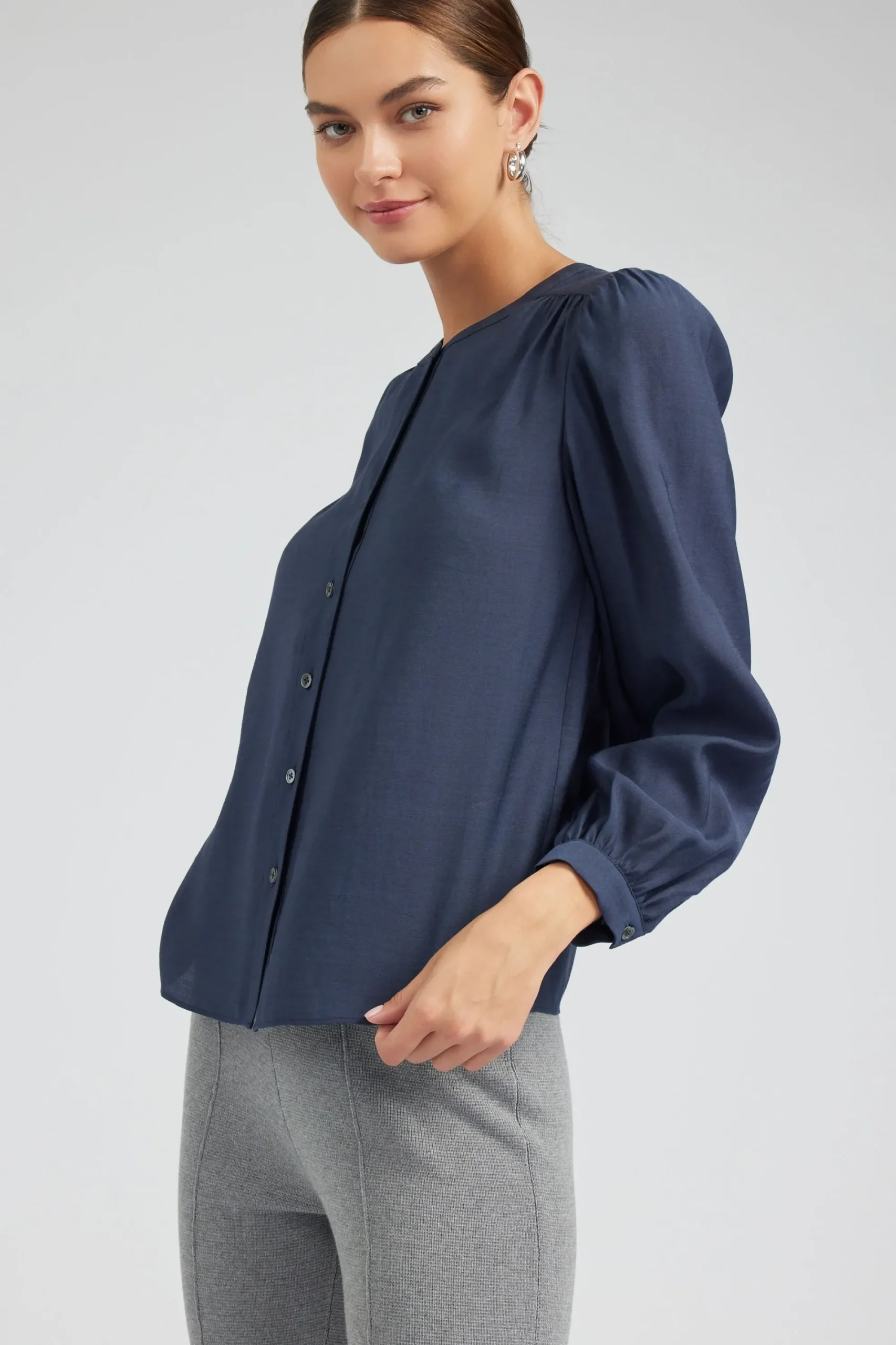 Current Air Long Sleeve Tops-Buttoned Blouse SLATENAVY