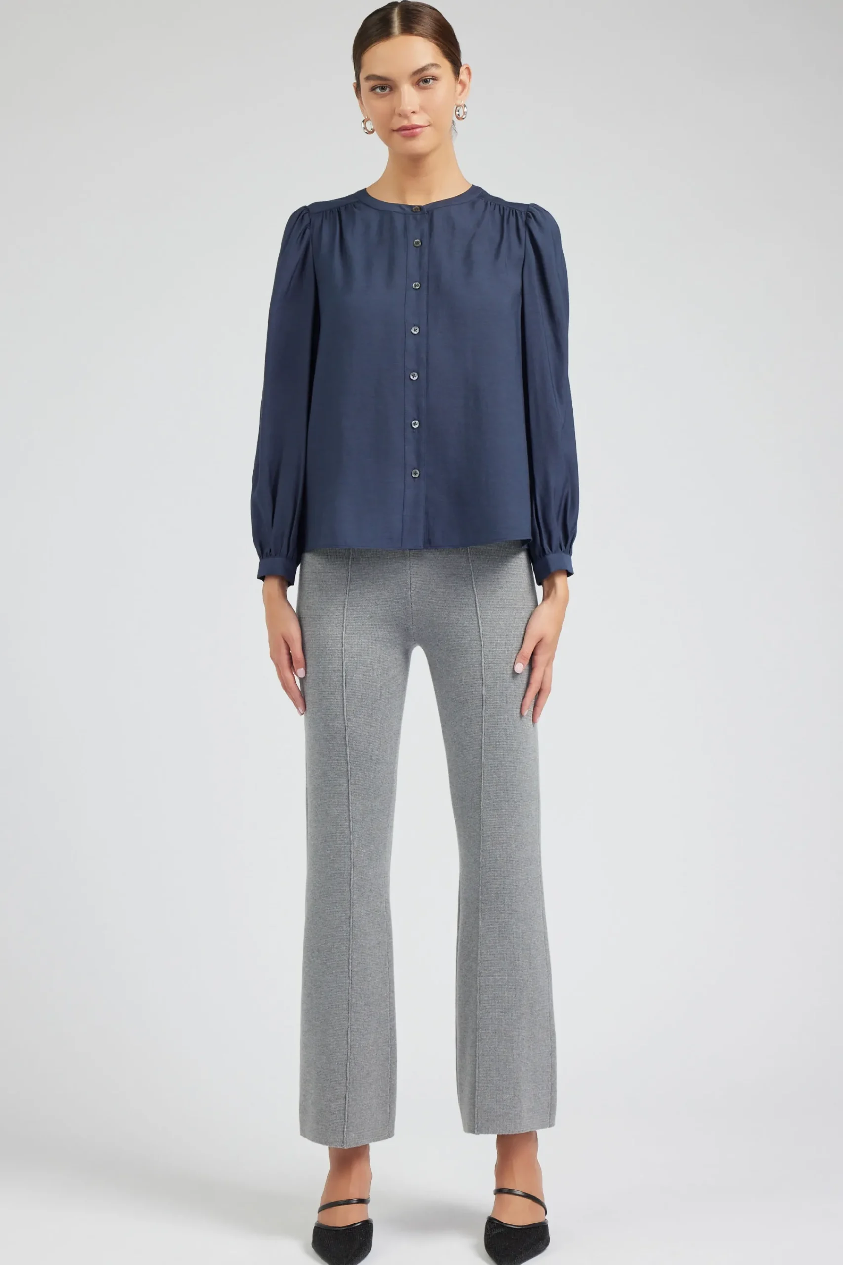 Current Air Long Sleeve Tops-Buttoned Blouse SLATENAVY
