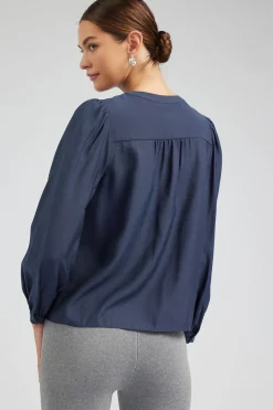 Current Air Long Sleeve Tops-Buttoned Blouse SLATENAVY