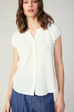 Current Air Sleeveless Tops-Buttoned Cotton Blouse WHITE