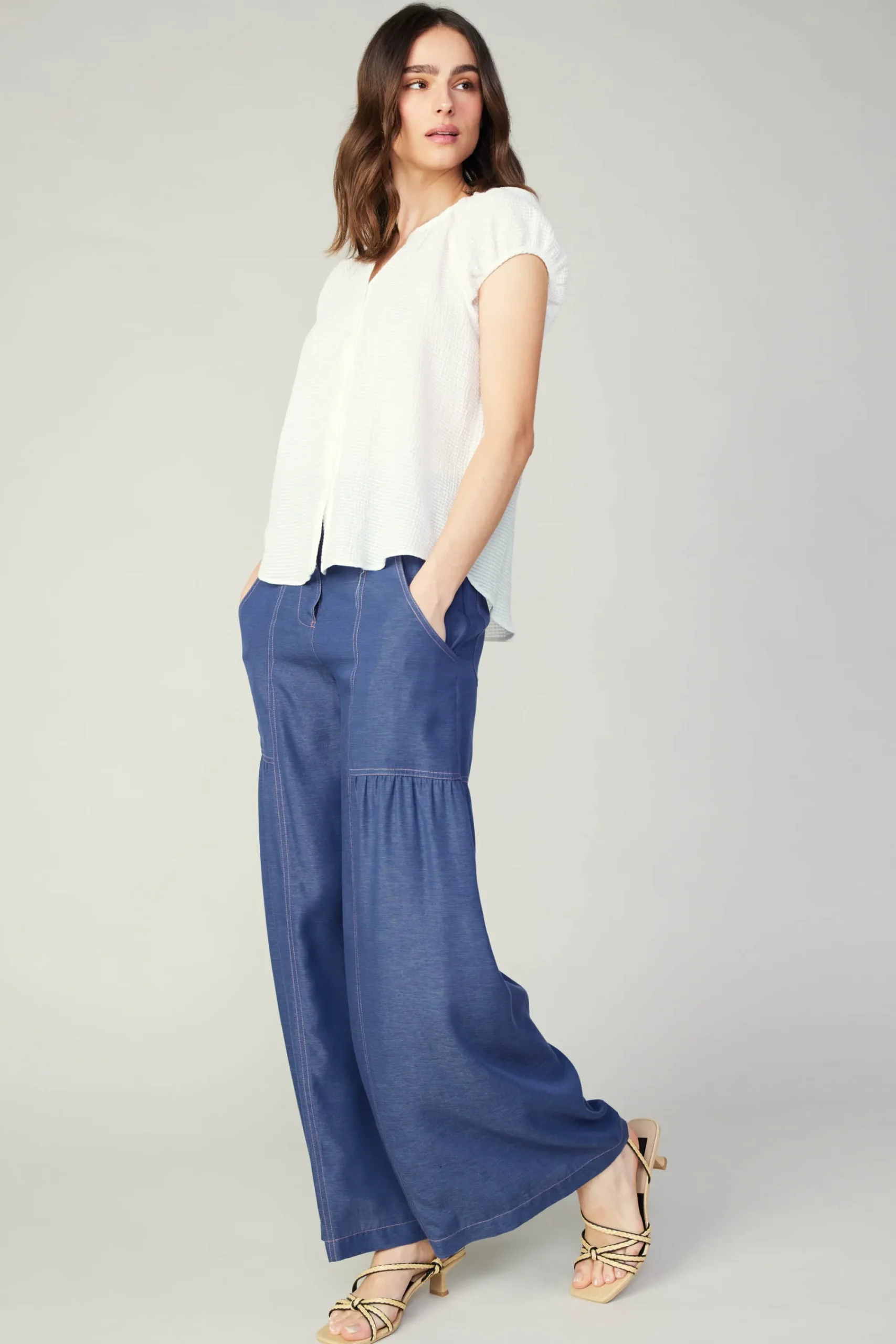 Current Air Sleeveless Tops-Buttoned Cotton Blouse WHITE