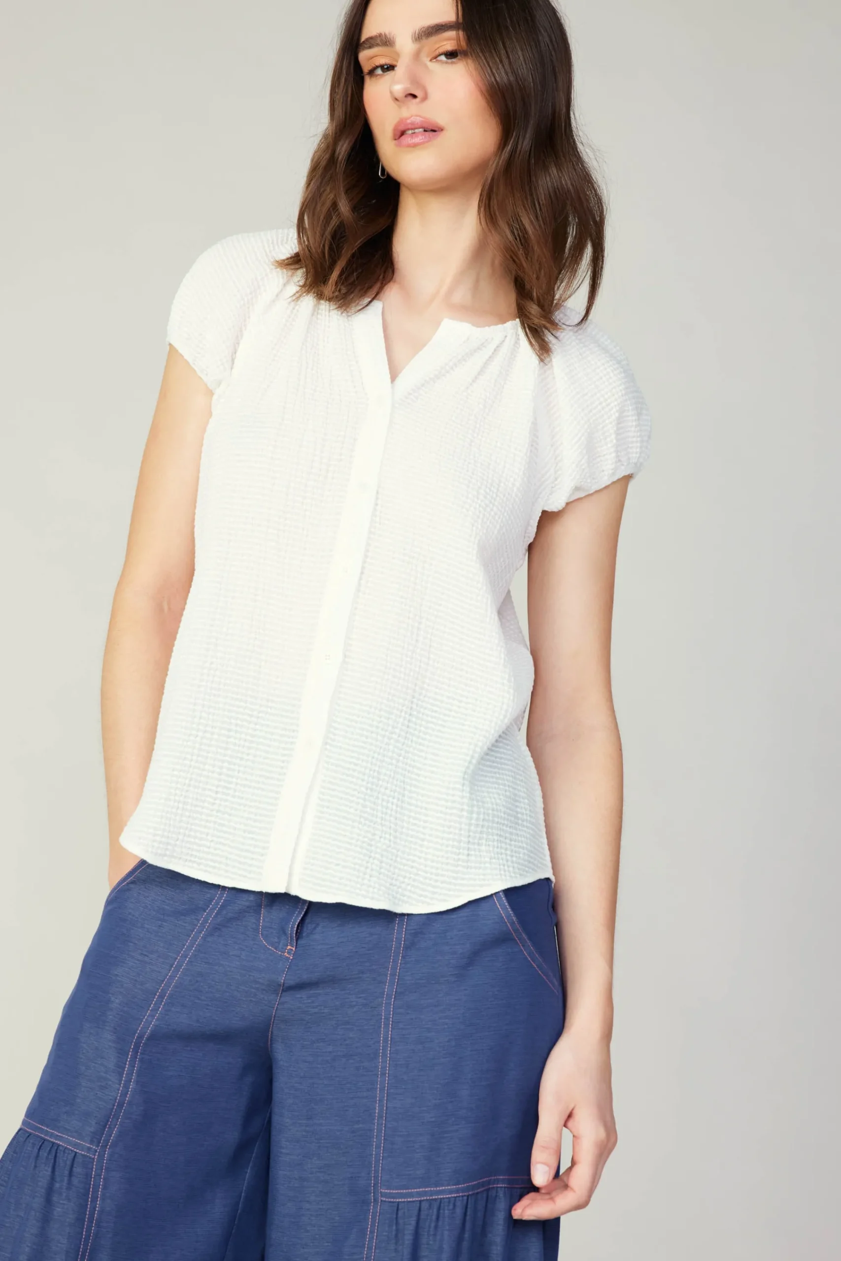Current Air Sleeveless Tops-Buttoned Cotton Blouse WHITE