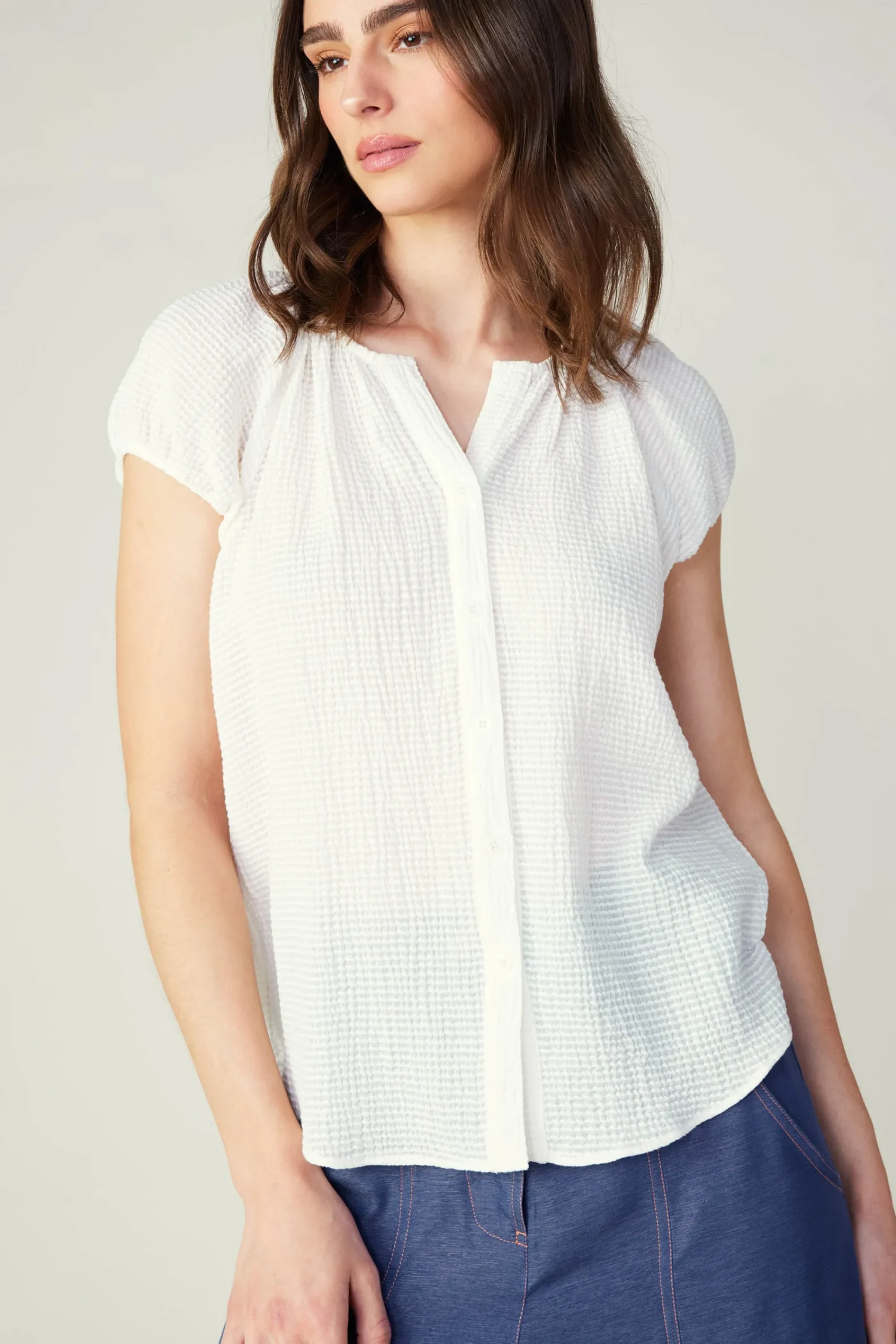Current Air Sleeveless Tops-Buttoned Cotton Blouse WHITE