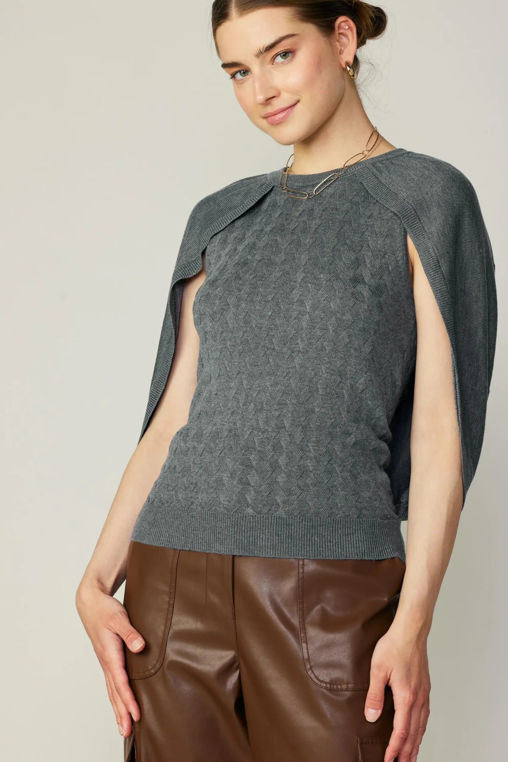Current Air Sweaters-Cape Layered Sweater Top GREY