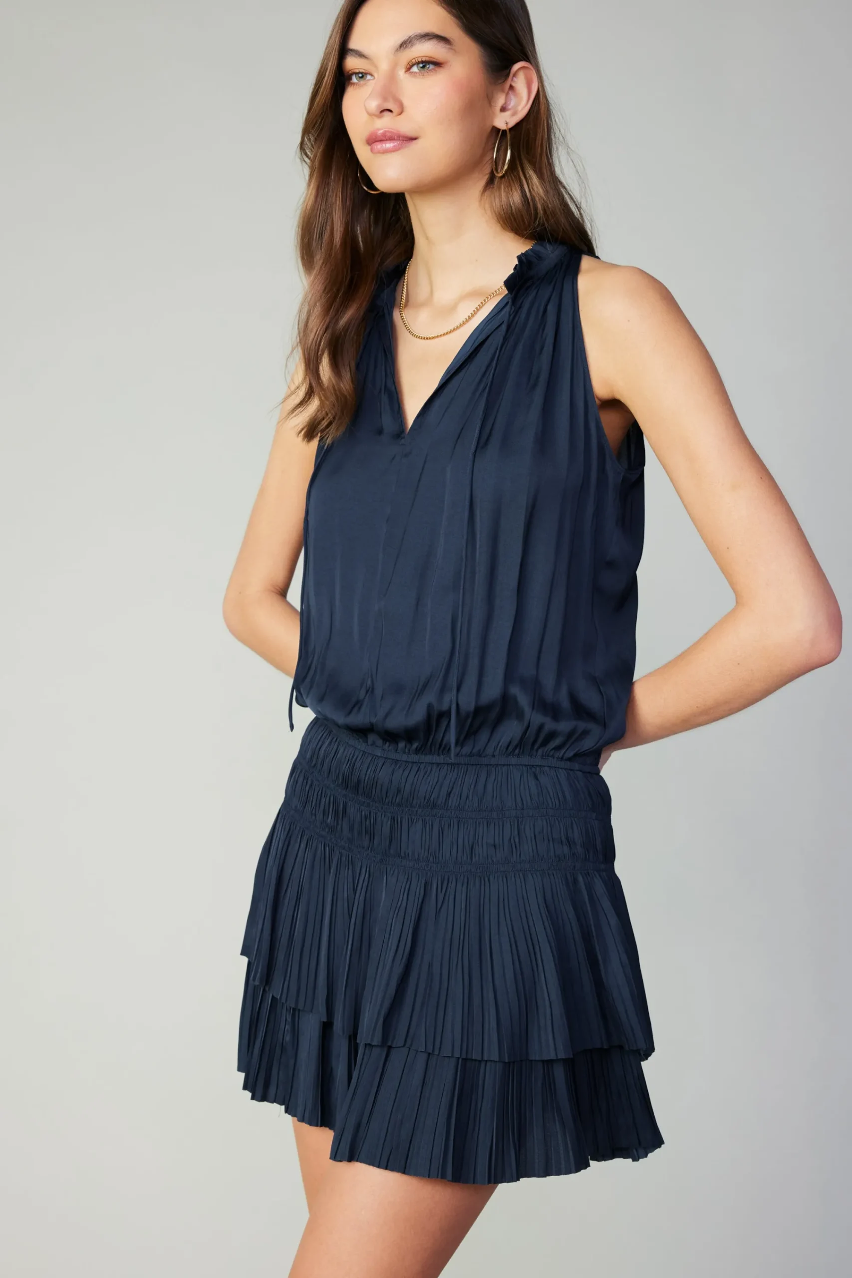 Current Air Mini Dresses-Cara Sleeveless Pleated Mini Dress DARKNAVY