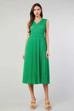 Current Air Midi Dresses-Cari Ribbed Contrast Pleated Dress SPRINGGREEN