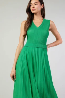 Current Air Midi Dresses-Cari Ribbed Contrast Pleated Dress SPRINGGREEN