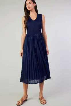 Current Air Midi Dresses-Cari Ribbed Contrast Pleated Dress NAVY