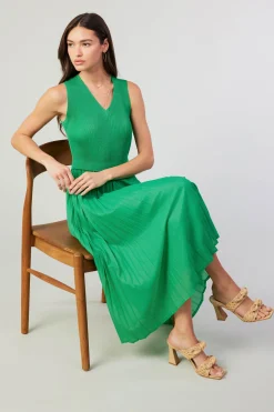 Current Air Midi Dresses-Cari Ribbed Contrast Pleated Dress SPRINGGREEN