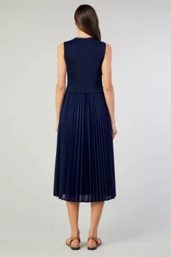 Current Air Midi Dresses-Cari Ribbed Contrast Pleated Dress NAVY