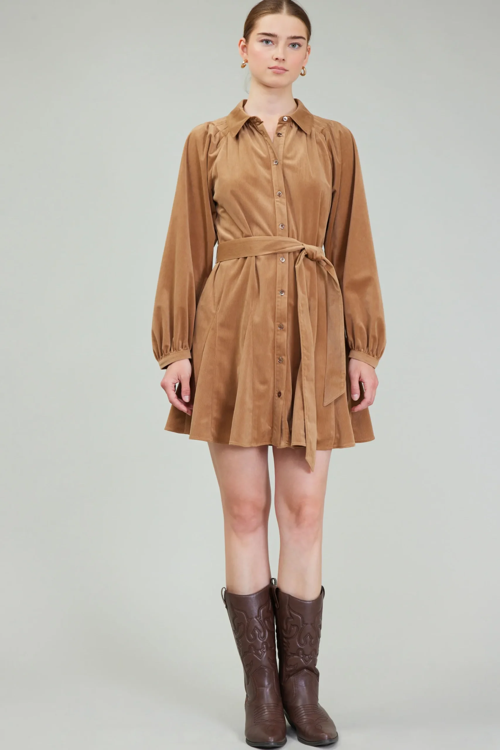 Current Air Mini Dresses-Carmel Corduroy Mini Dress LIGHTBROWN