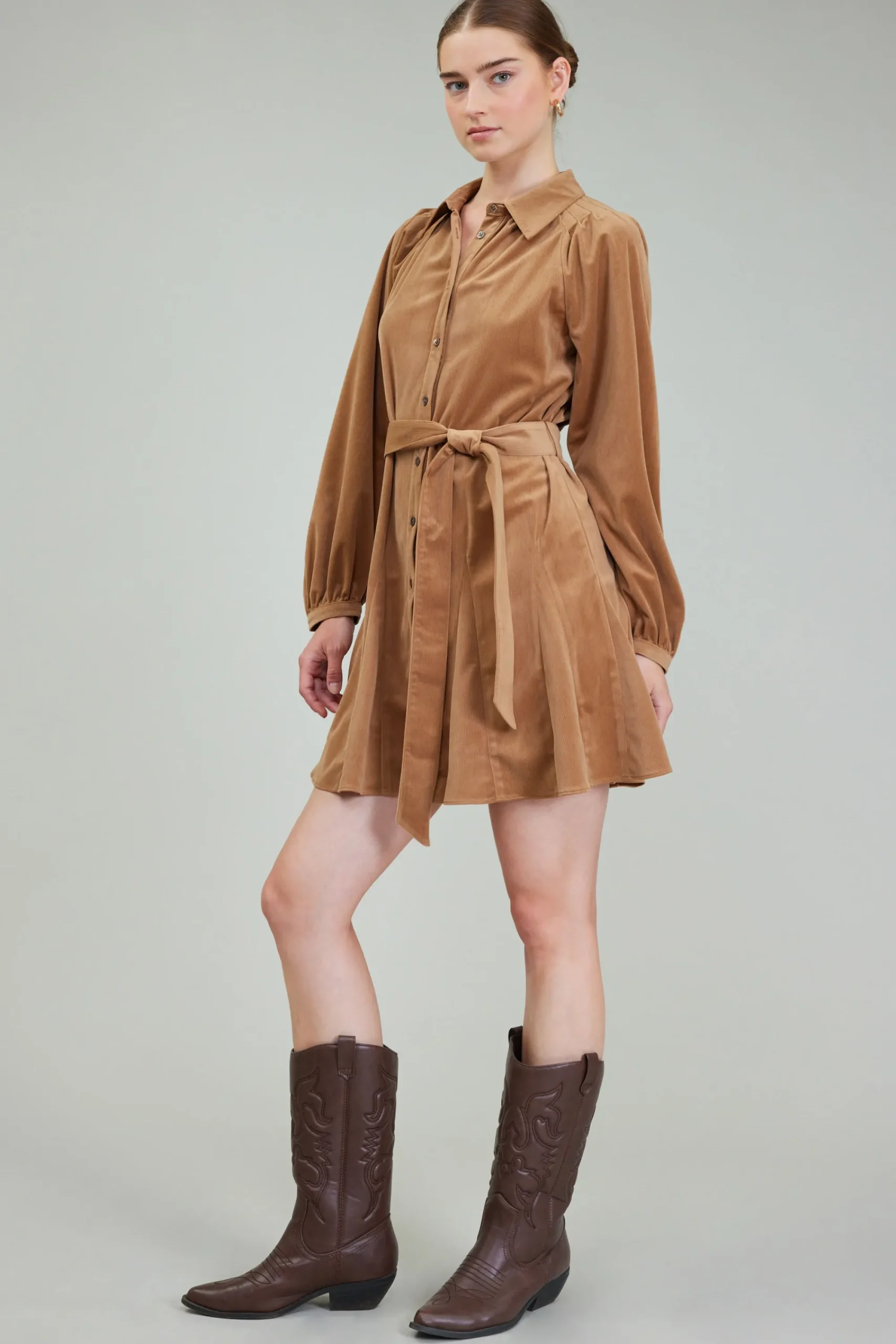 Current Air Mini Dresses-Carmel Corduroy Mini Dress LIGHTBROWN