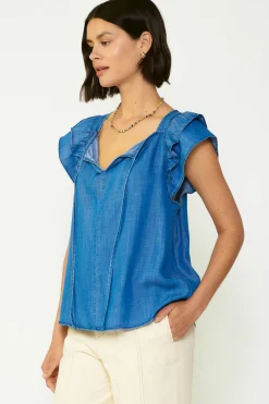 Current Air Sleeveless Tops | Short Sleeve Tops-Back Cutout Top CHAMBRAY