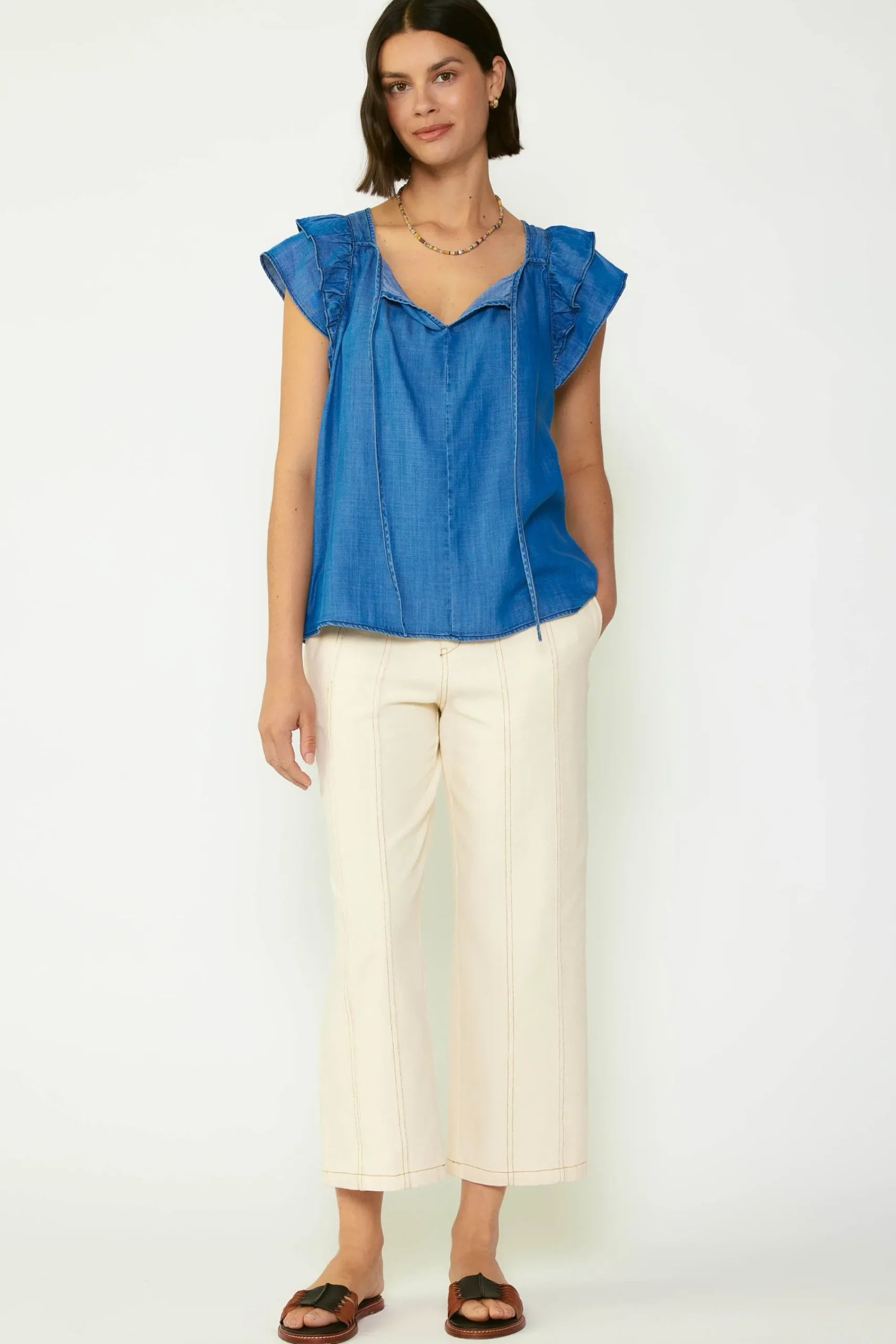 Current Air Sleeveless Tops | Short Sleeve Tops-Back Cutout Top CHAMBRAY