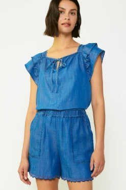 Current Air Sleeveless Tops | Short Sleeve Tops-Back Cutout Top CHAMBRAY