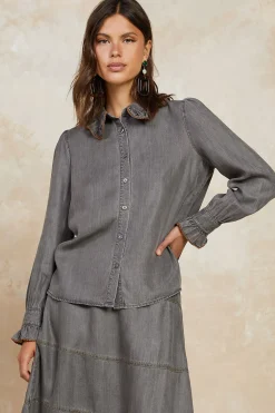 Current Air Long Sleeve Tops-Chambray Button Down Blouse WASHEDBLACK