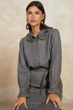 Current Air Long Sleeve Tops-Chambray Button Down Blouse WASHEDBLACK