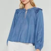 Current Air Long Sleeve Tops-Picot Stitched Blouse CHAMBRAY