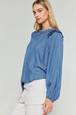 Current Air Long Sleeve Tops-Picot Stitched Blouse CHAMBRAY