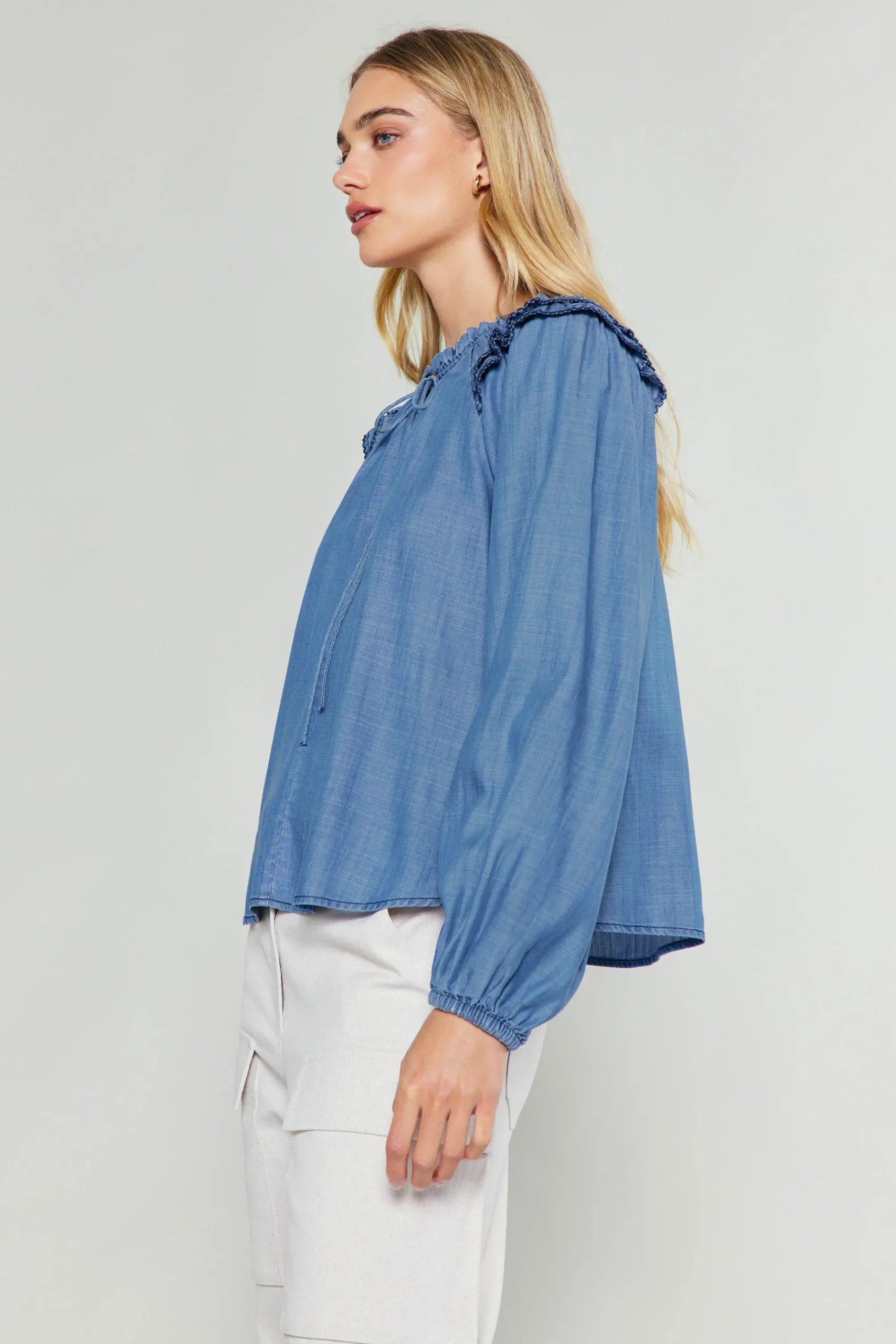 Current Air Long Sleeve Tops-Picot Stitched Blouse CHAMBRAY