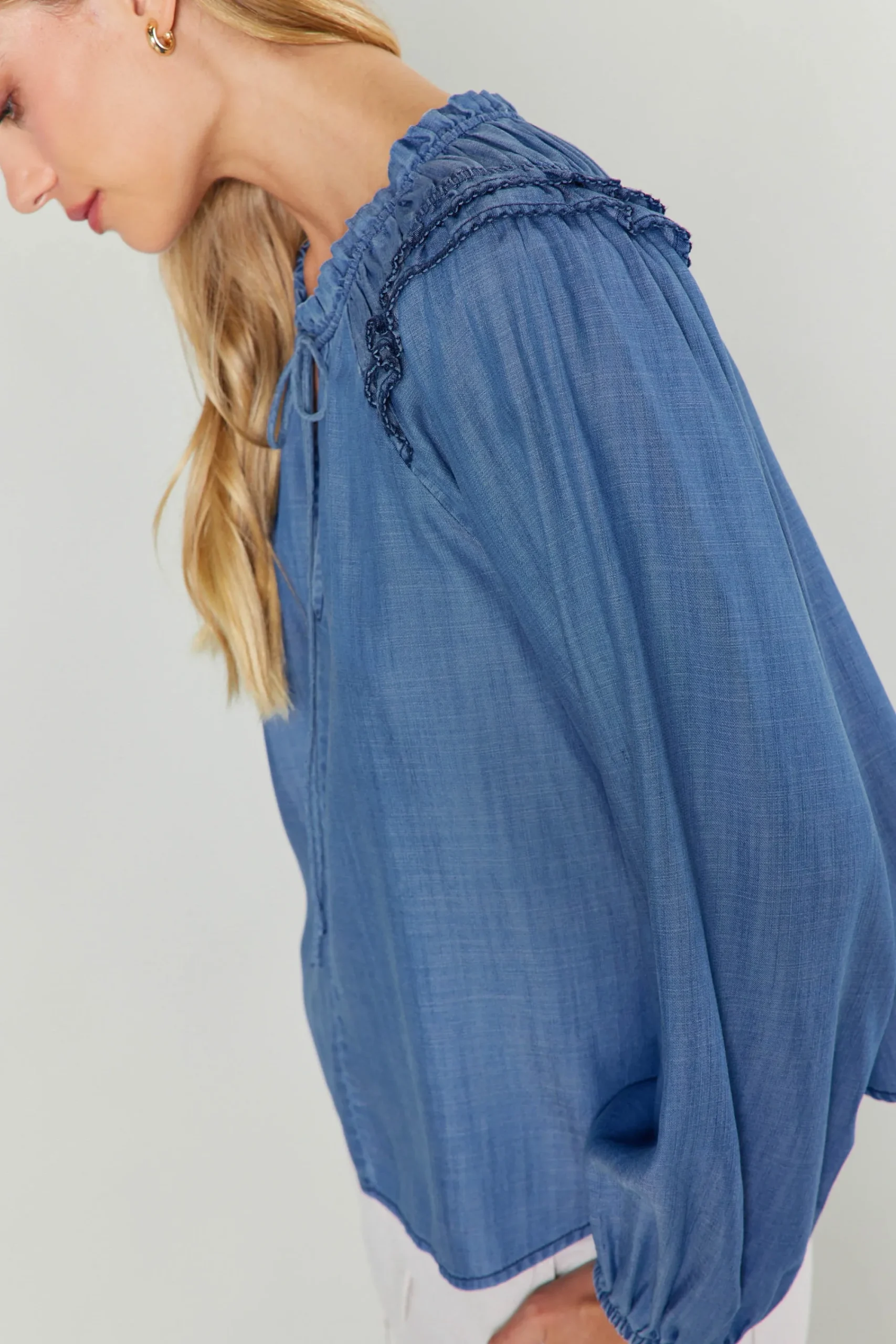 Current Air Long Sleeve Tops-Picot Stitched Blouse CHAMBRAY