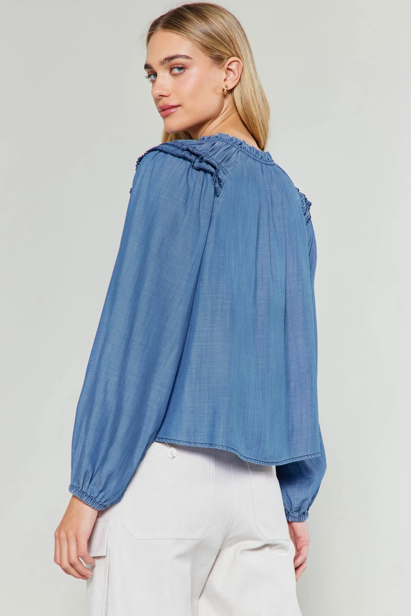 Current Air Long Sleeve Tops-Picot Stitched Blouse CHAMBRAY